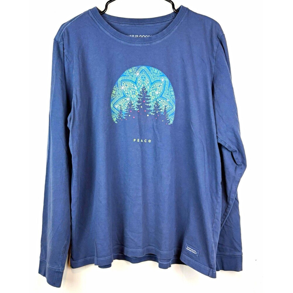 Life Is Good Crusher Tee Shirt Women's XL Dark Blue Christmas Holiday Peace